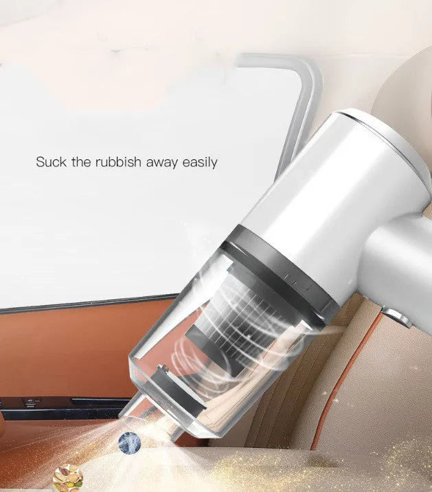 Black and white wireless car vacuum cleaner with nozzle and washable filter cup on a car seat