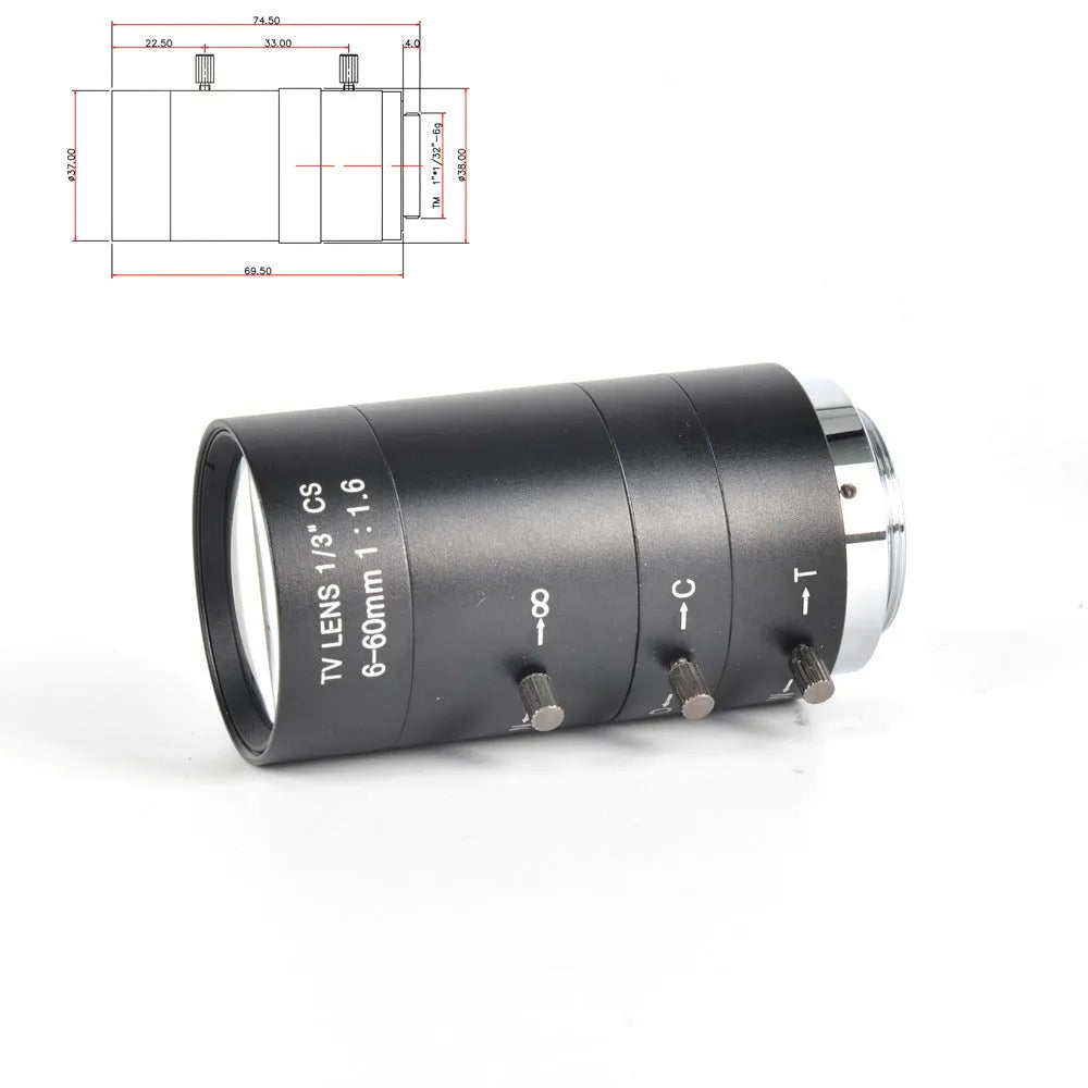 Black manual aperture 6-60mm CS mount camera lens for CCTV systems with aluminium housing
