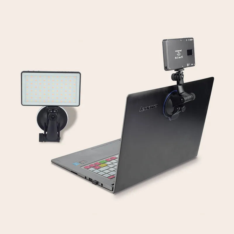Black aluminium LED video conference light with 96 LEDs, OLED screen, and Type-C port for laptop calls.
