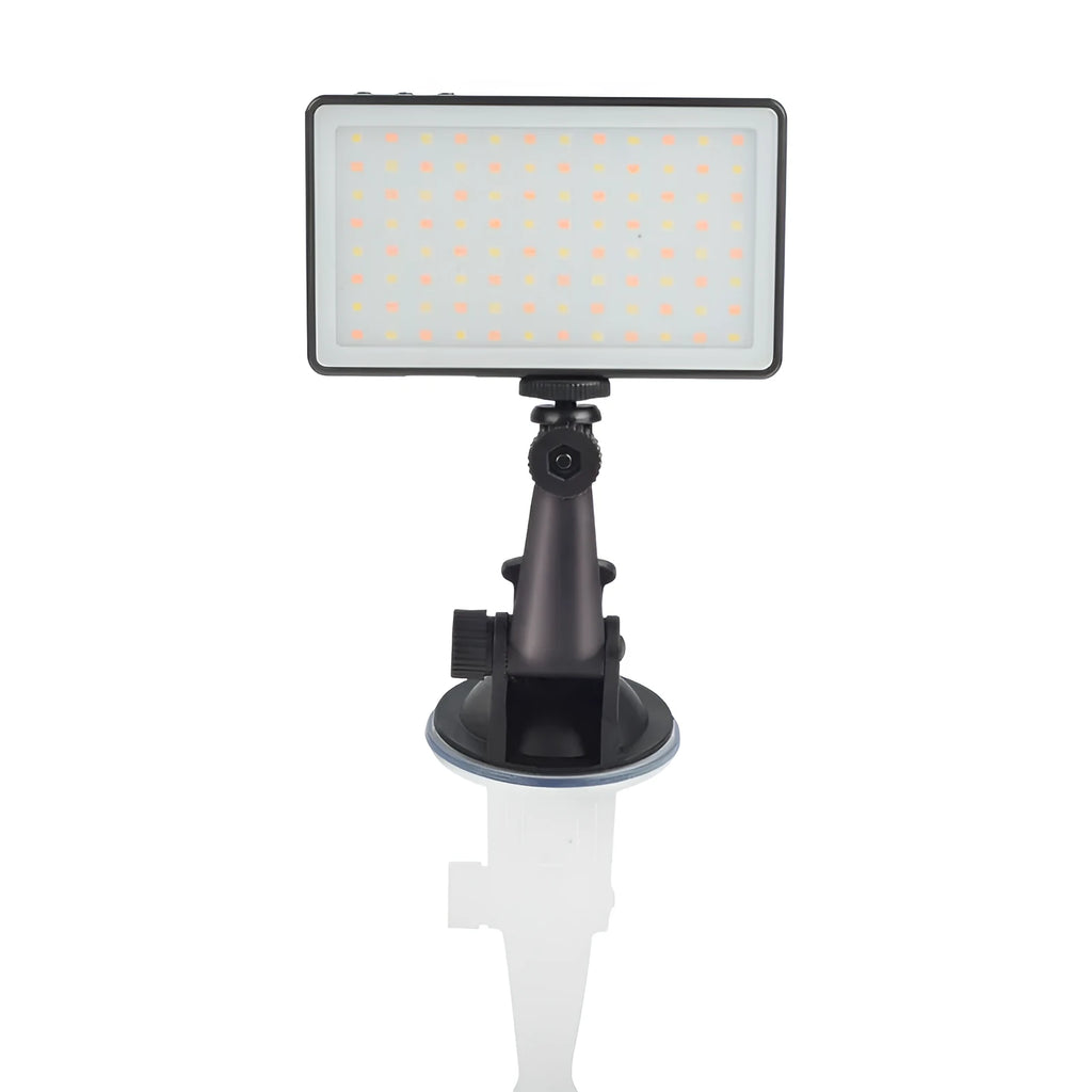Black aluminium LED video conference light with 96 LEDs, OLED screen, and Type-C port for laptop calls.