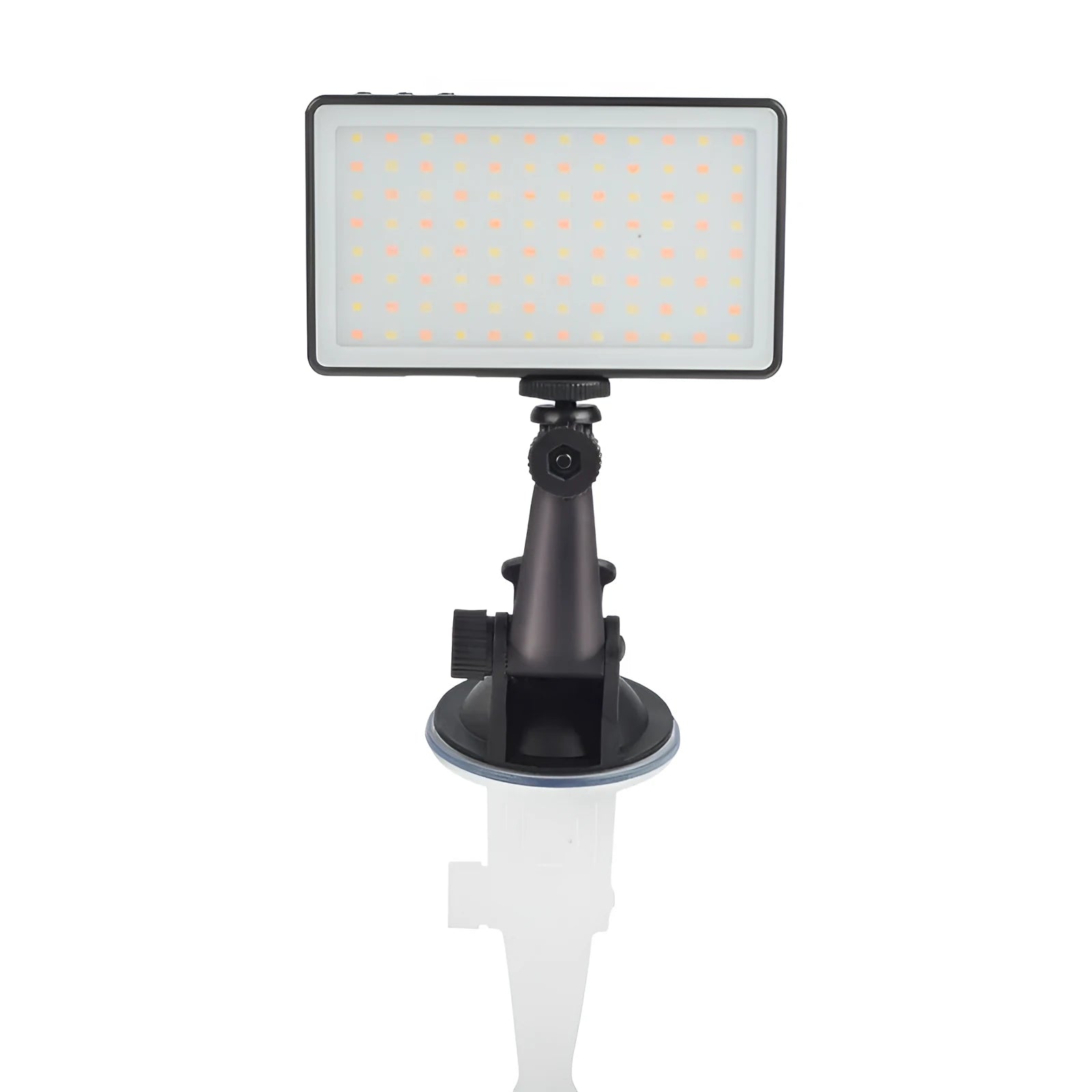 Black aluminium LED video conference light with 96 LEDs, OLED screen, and Type-C port for laptop calls.