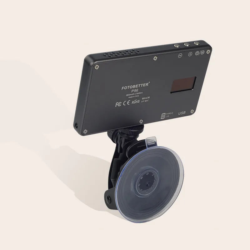 Black aluminium LED video conference light with 96 LEDs, OLED screen, and Type-C port for laptop calls.