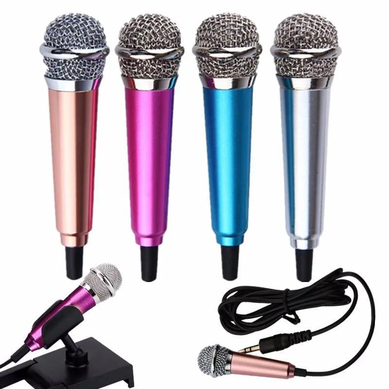 Blue, Gold, Red, and Silver coloured T3 mini condenser wired microphone with 3.5mm jack for Android phones.