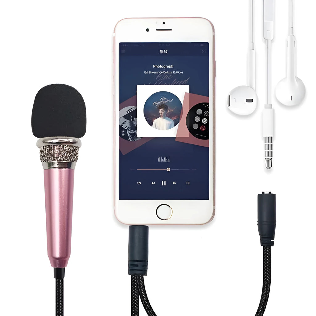 Blue, Gold, Red, and Silver coloured T3 mini condenser wired microphone with 3.5mm jack for Android phones.