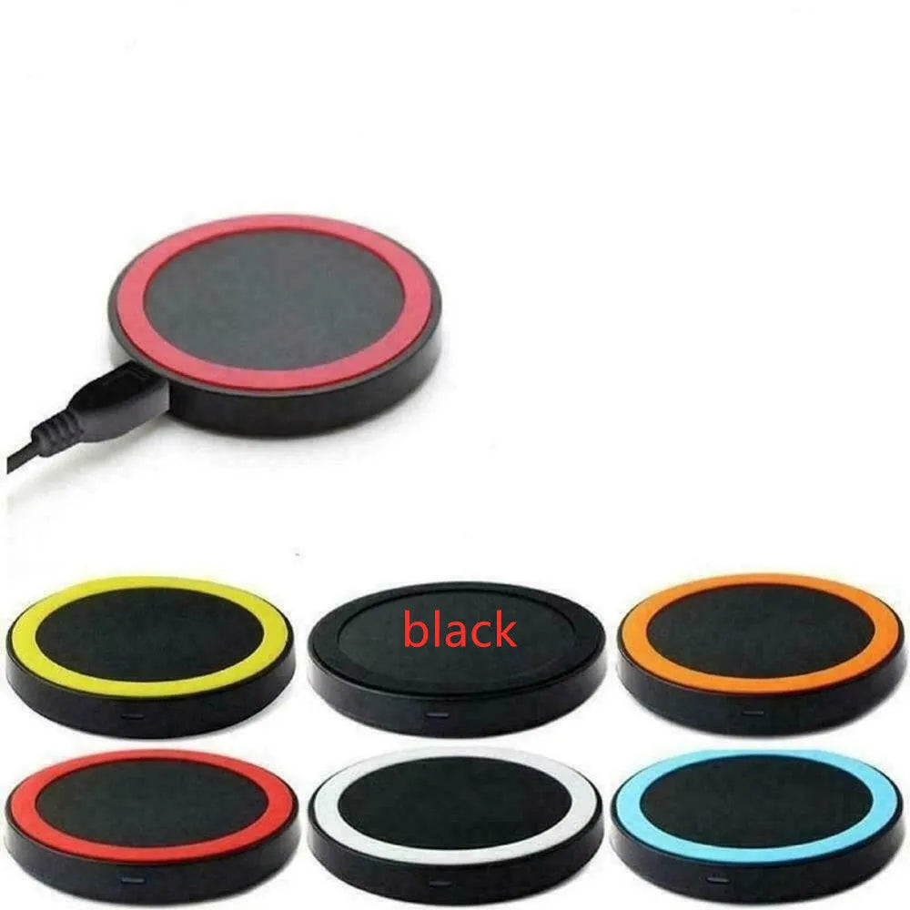 Square Qi wireless charging pad for mobile phones in six colour options on a desk.