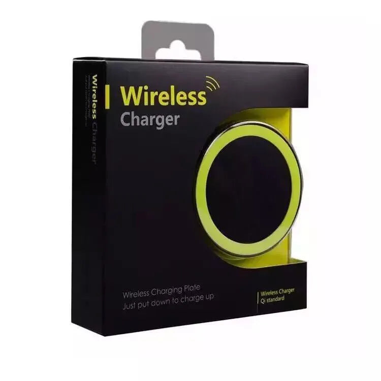 Square Qi wireless charging pad for mobile phones in six colour options on a desk.