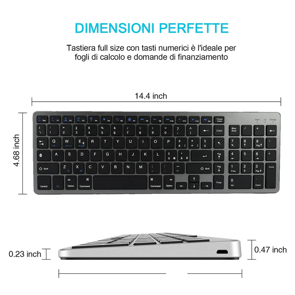 Ultra-thin white Bluetooth keyboard for tablets with 104 keys measuring 362mm x 122mm x 13mm
