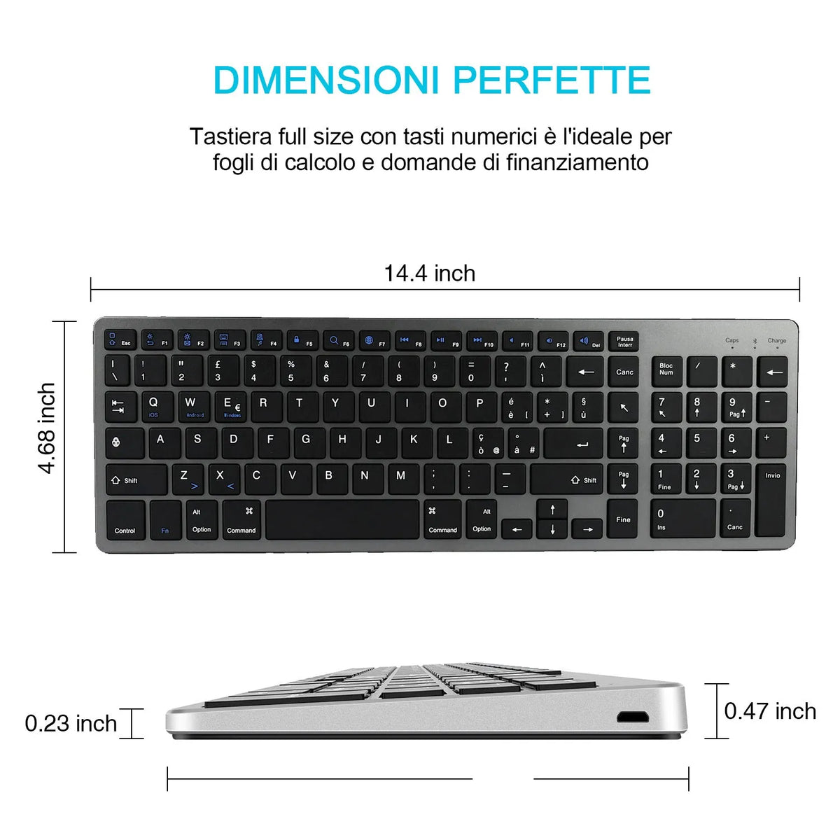 Ultra-thin white Bluetooth keyboard for tablets with 104 keys measuring 362mm x 122mm x 13mm