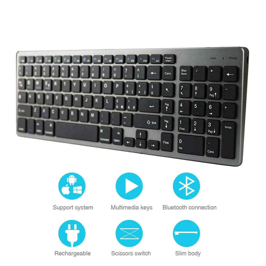 Ultra-thin white Bluetooth keyboard for tablets with 104 keys measuring 362mm x 122mm x 13mm