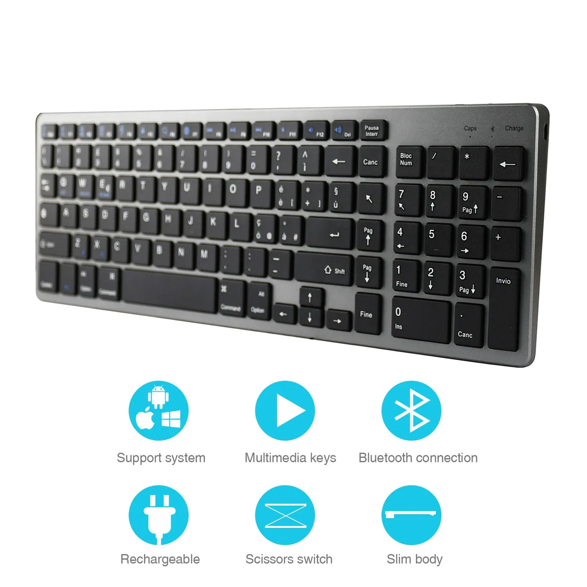 Ultra-thin white Bluetooth keyboard for tablets with 104 keys measuring 362mm x 122mm x 13mm