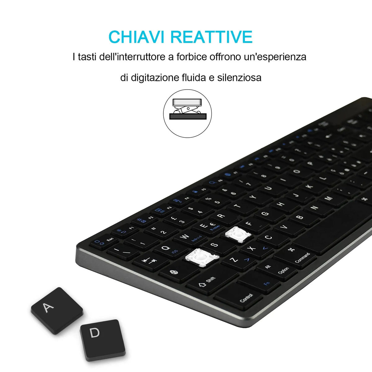 Ultra-thin white Bluetooth keyboard for tablets with 104 keys measuring 362mm x 122mm x 13mm