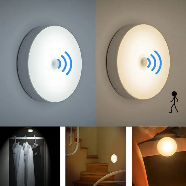 Small round beige or white LED night light with motion sensor and USB charging port