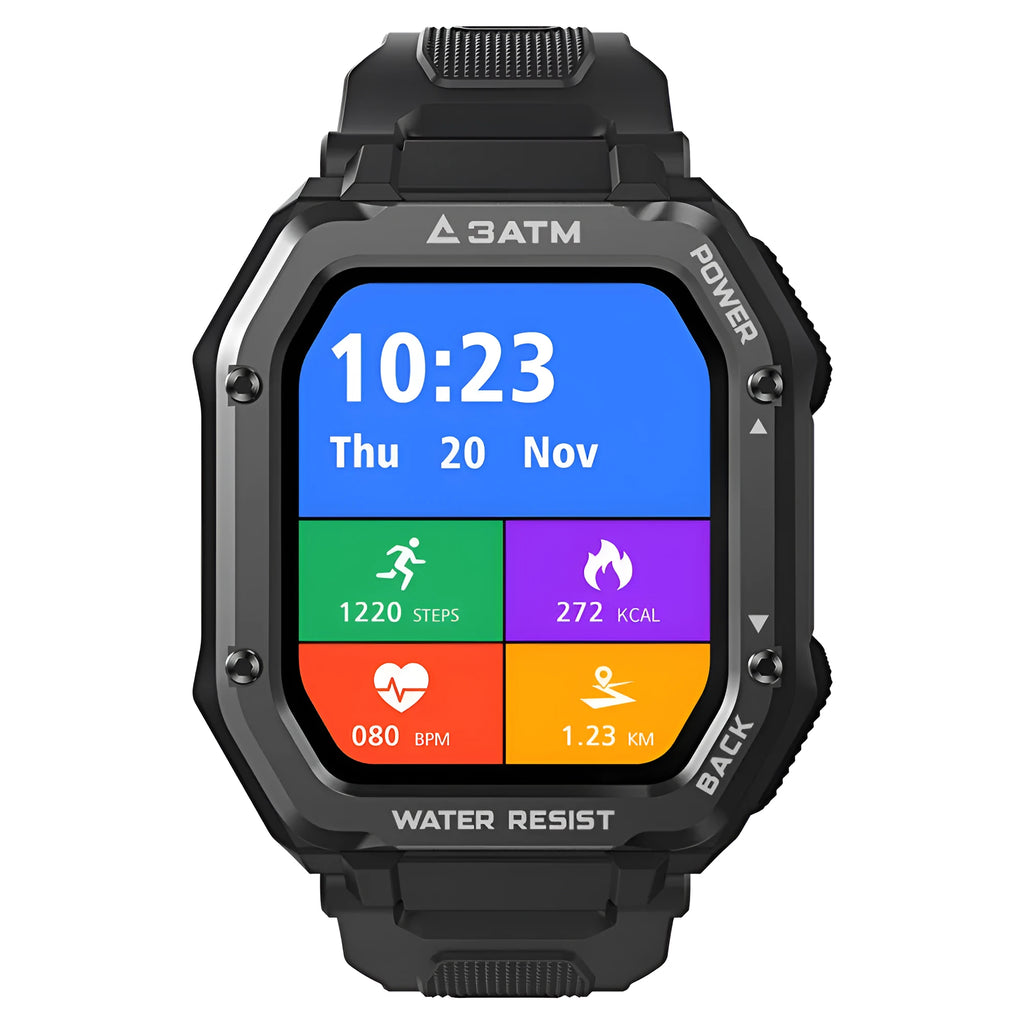 Army green rugged smart watch with 1.69 inch screen on silicone wristband