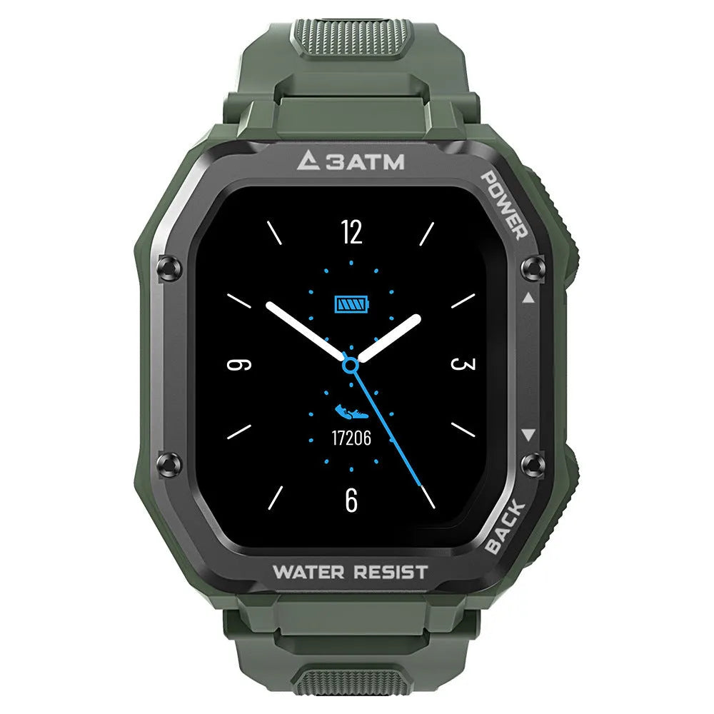Army green rugged smart watch with 1.69 inch screen on silicone wristband