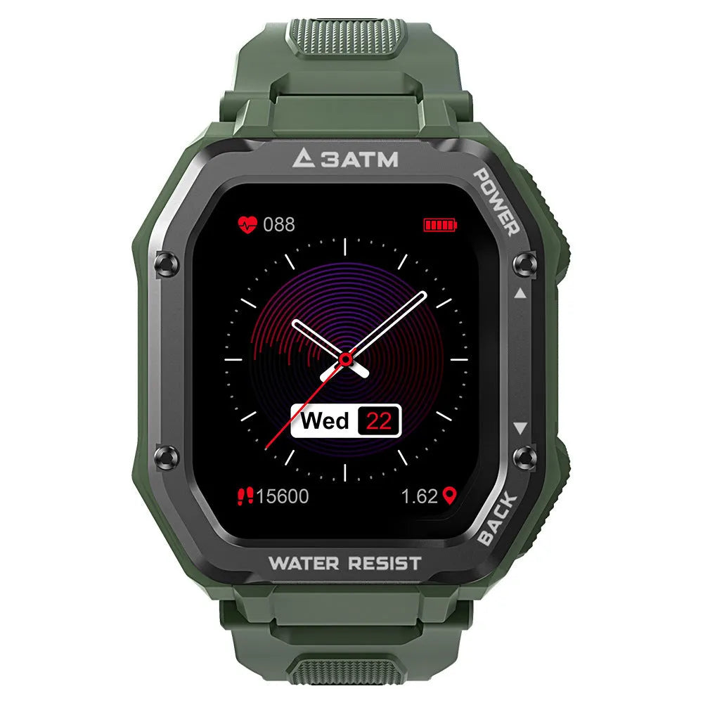 Army green rugged smart watch with 1.69 inch screen on silicone wristband