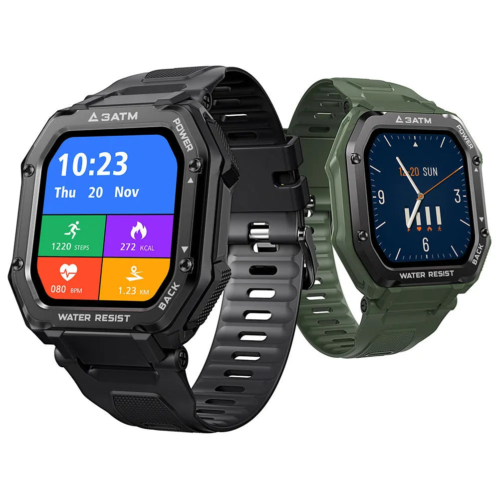 Army green rugged smart watch with 1.69 inch screen on silicone wristband
