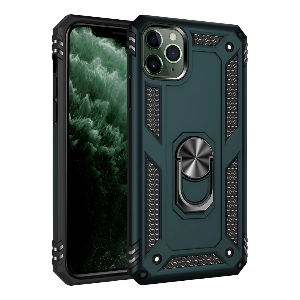 Dark green TPU and PC back cover case for Apple iPhone, shown alongside compatible model logos.