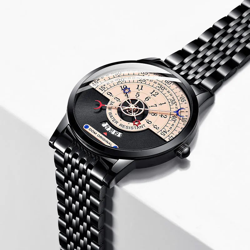 Men's gold and silver quartz wristwatch with 40mm round dial showing 24-hour indication and stainless steel strap