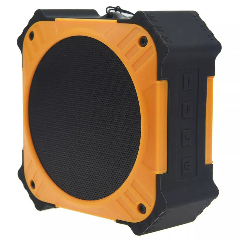 Compact circular waterproof Bluetooth speaker in black or blue with wrist strap