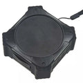 Compact circular waterproof Bluetooth speaker in black or blue with wrist strap