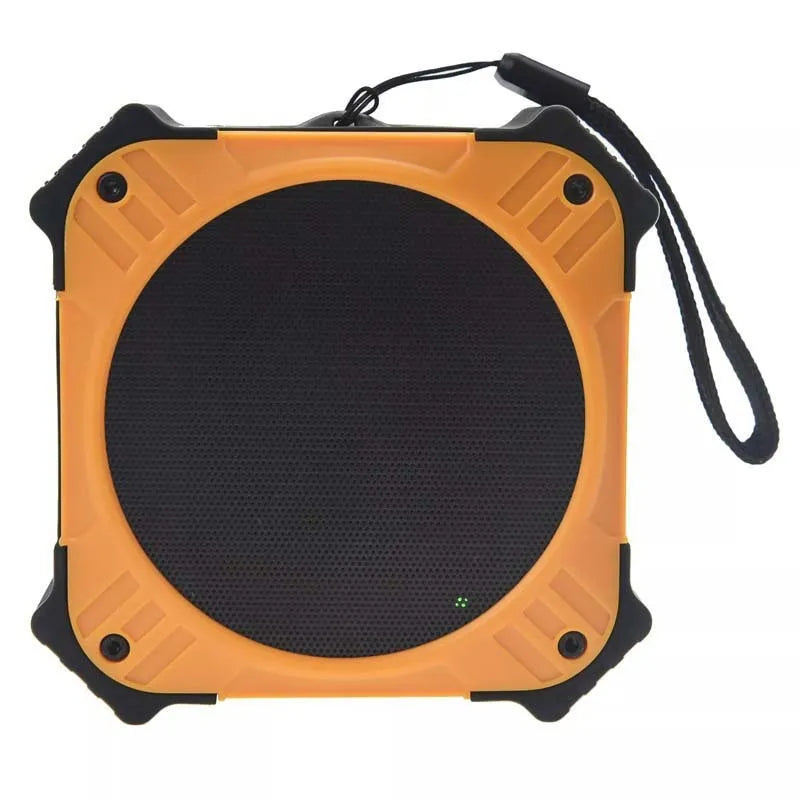 Compact circular waterproof Bluetooth speaker in black or blue with wrist strap