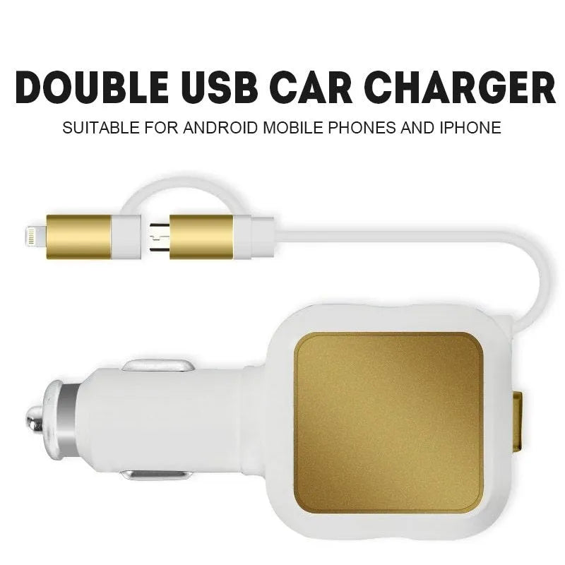 Black and gold dual USB car charger with retractable cable shown plugged into vehicle power outlet