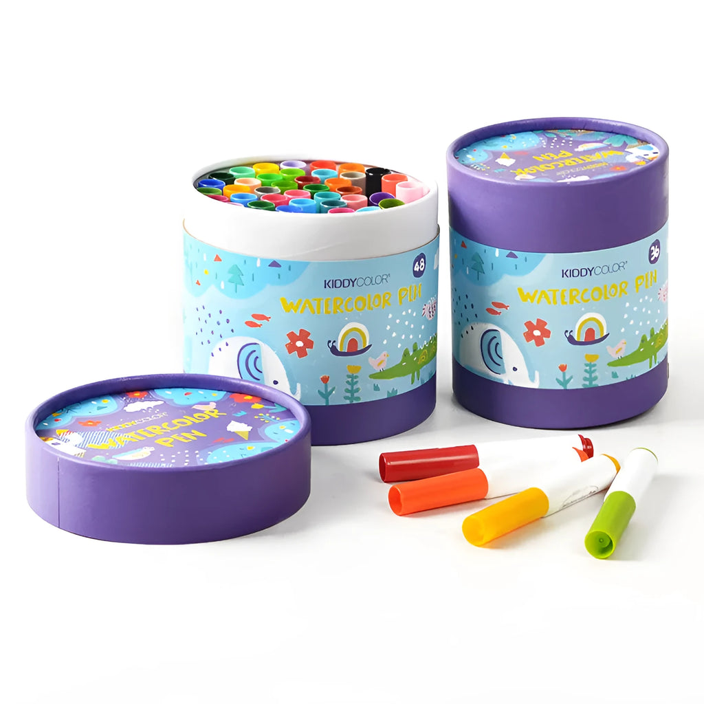 Children's washable brush pen set with plastic barrels in 36 or 48 colour options