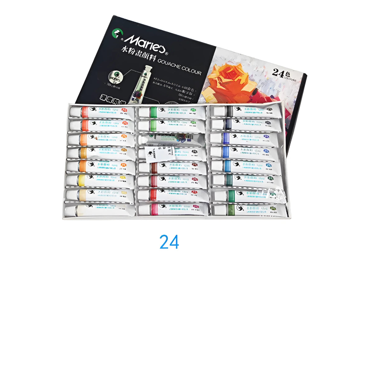 Boxed set of Marley gouache paint tubes in 12, 18, and 24 colour options, showing 12ml tubes.