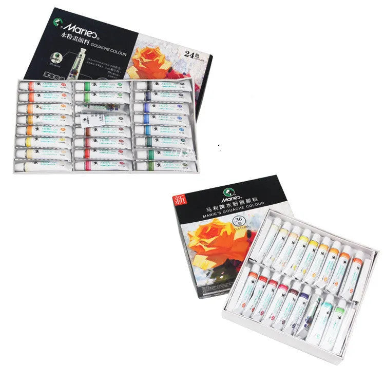 Boxed set of Marley gouache paint tubes in 12, 18, and 24 colour options, showing 12ml tubes.