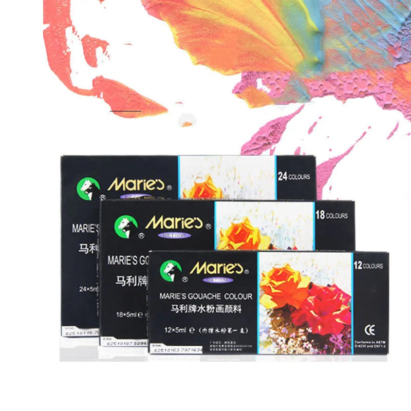 Boxed set of Marley gouache paint tubes in 12, 18, and 24 colour options, showing 12ml tubes.