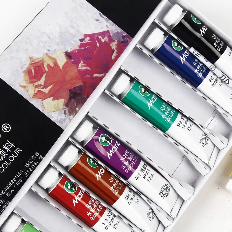 Boxed set of Marley gouache paint tubes in 12, 18, and 24 colour options, showing 12ml tubes.