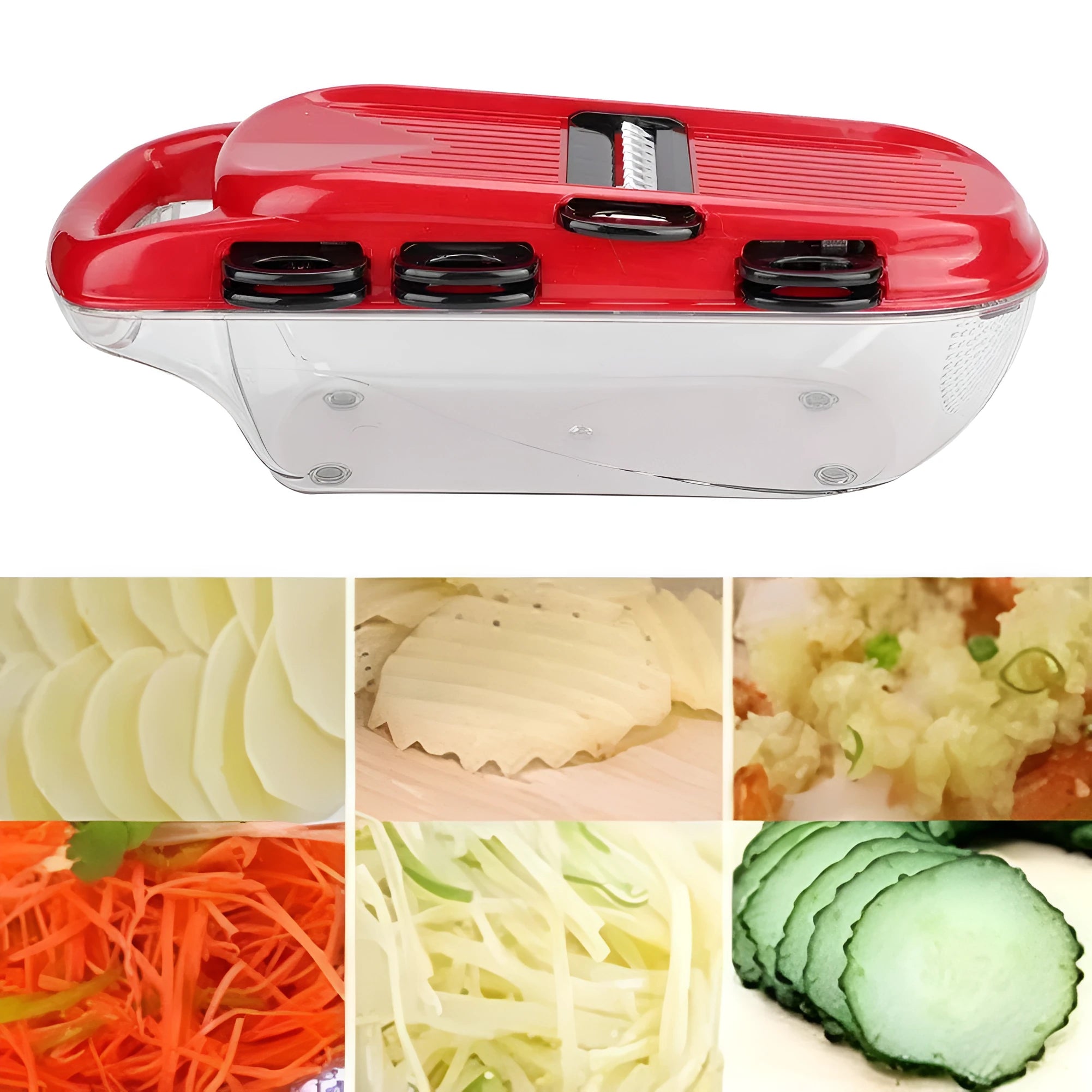 Red multi-function vegetable cutter with seven stainless steel blades and transparent PET container