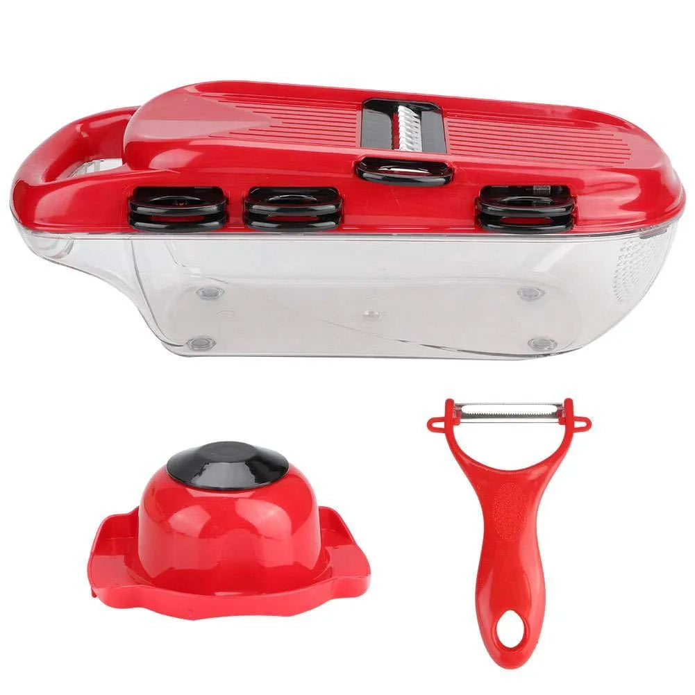 Red multi-function vegetable cutter with seven stainless steel blades and transparent PET container