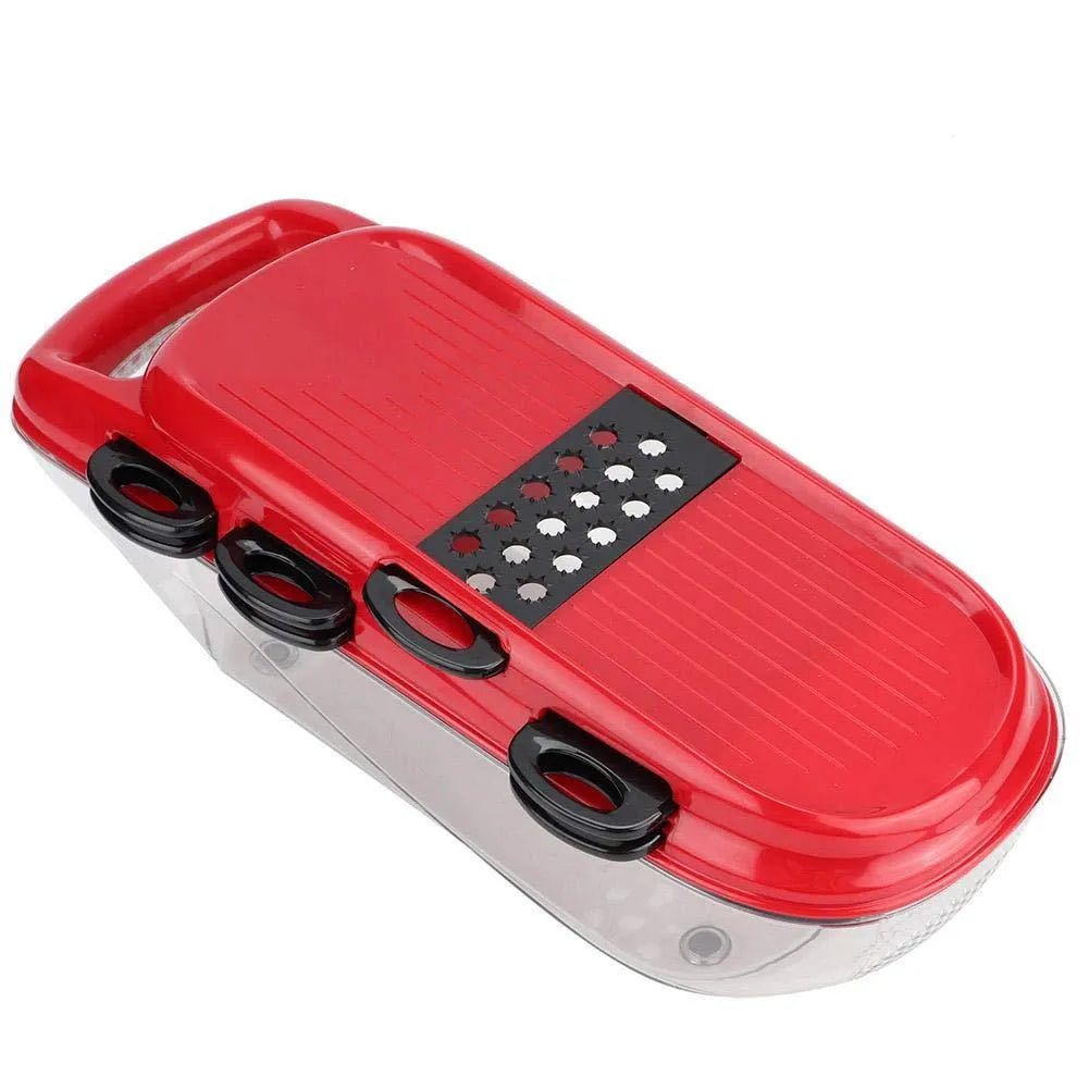 Red multi-function vegetable cutter with seven stainless steel blades and transparent PET container