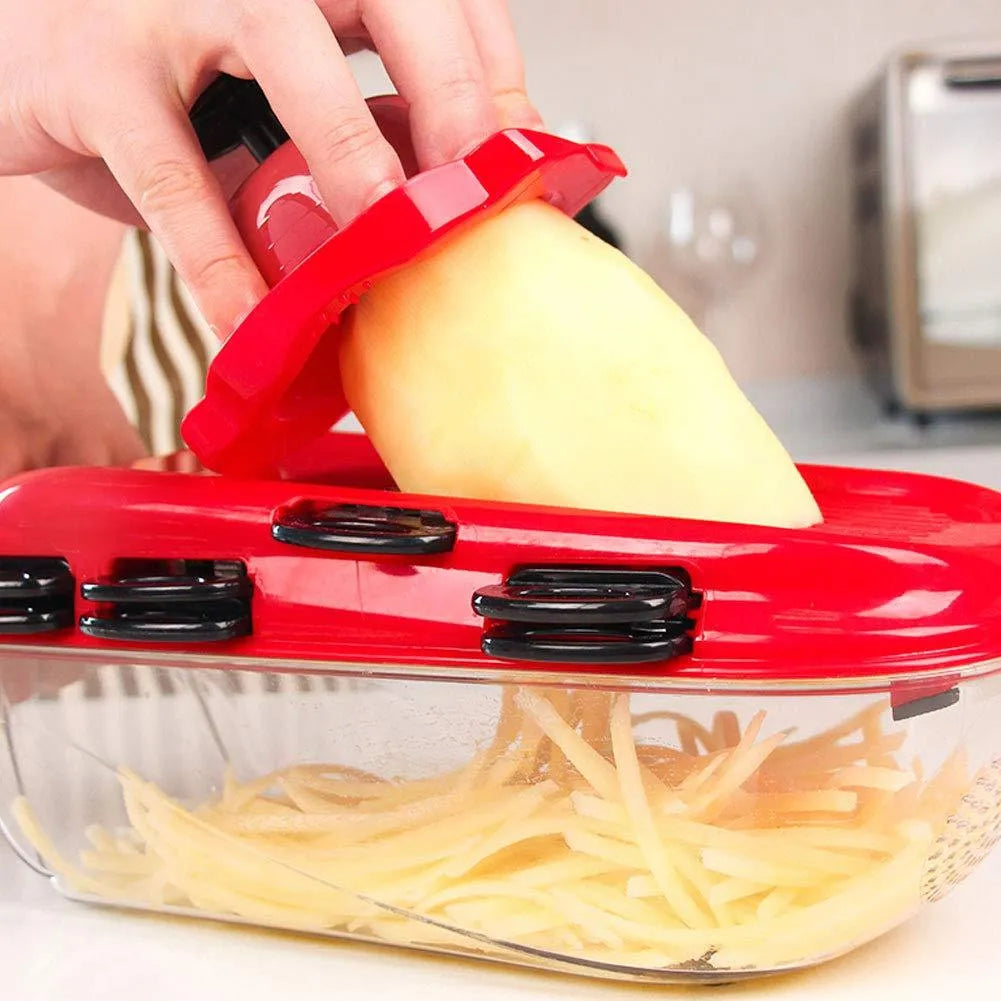 Red multi-function vegetable cutter with seven stainless steel blades and transparent PET container