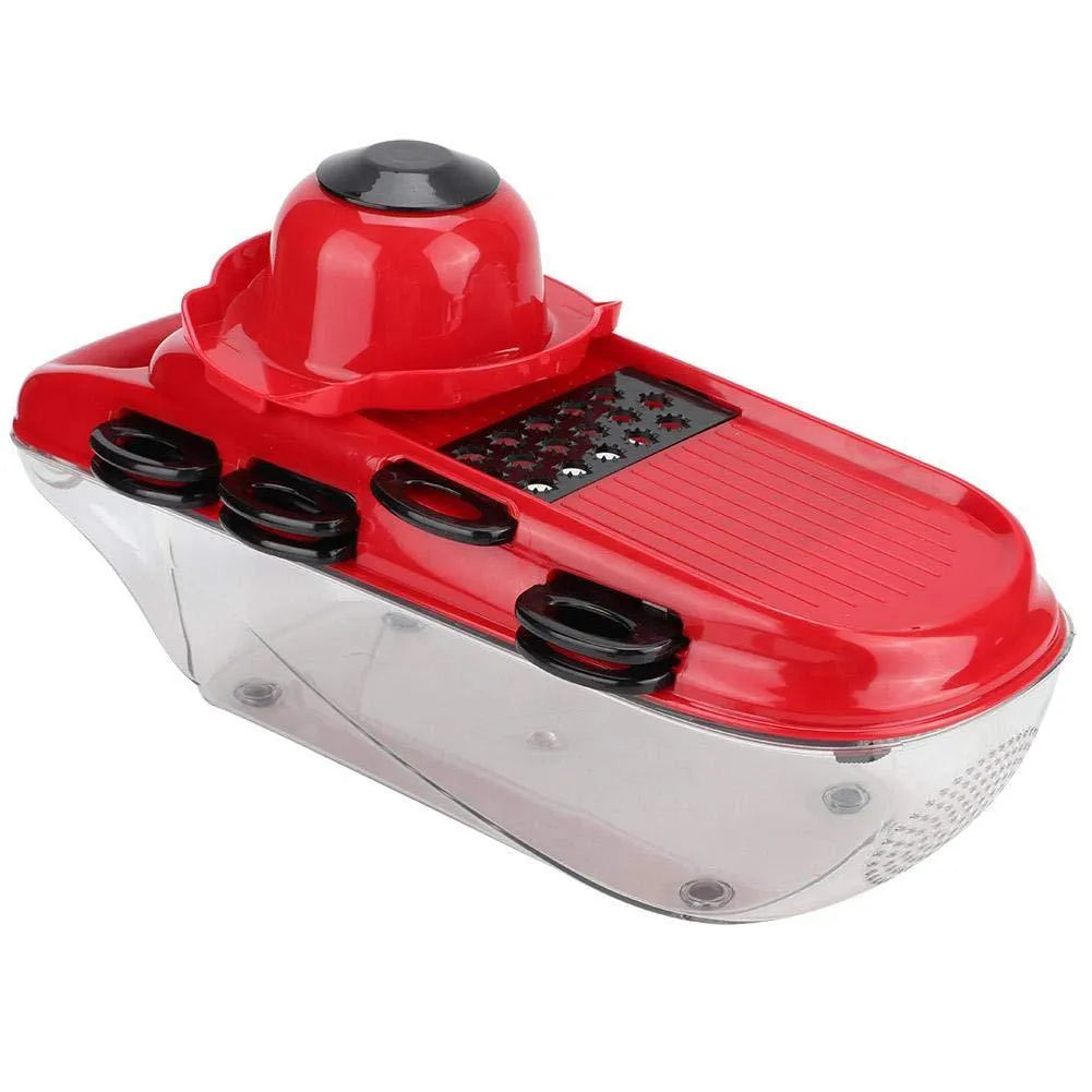 Red multi-function vegetable cutter with seven stainless steel blades and transparent PET container
