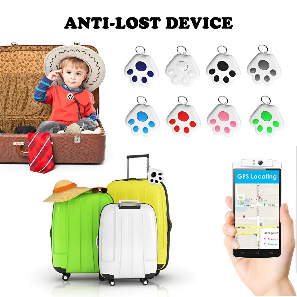 Dog paw shaped Bluetooth anti-lost device in various colours, shown with mobile phone for scale.