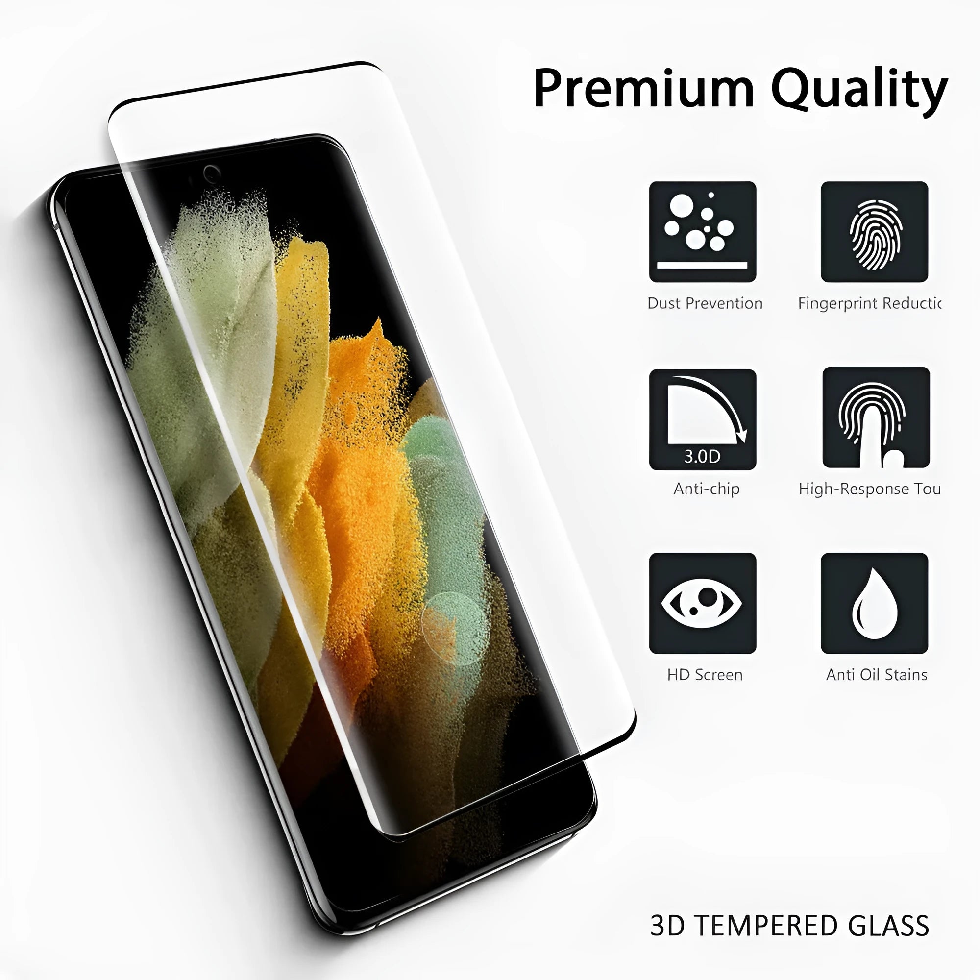 Samsung Galaxy S21 Ultra tempered glass screen protector with curved edges on phone display