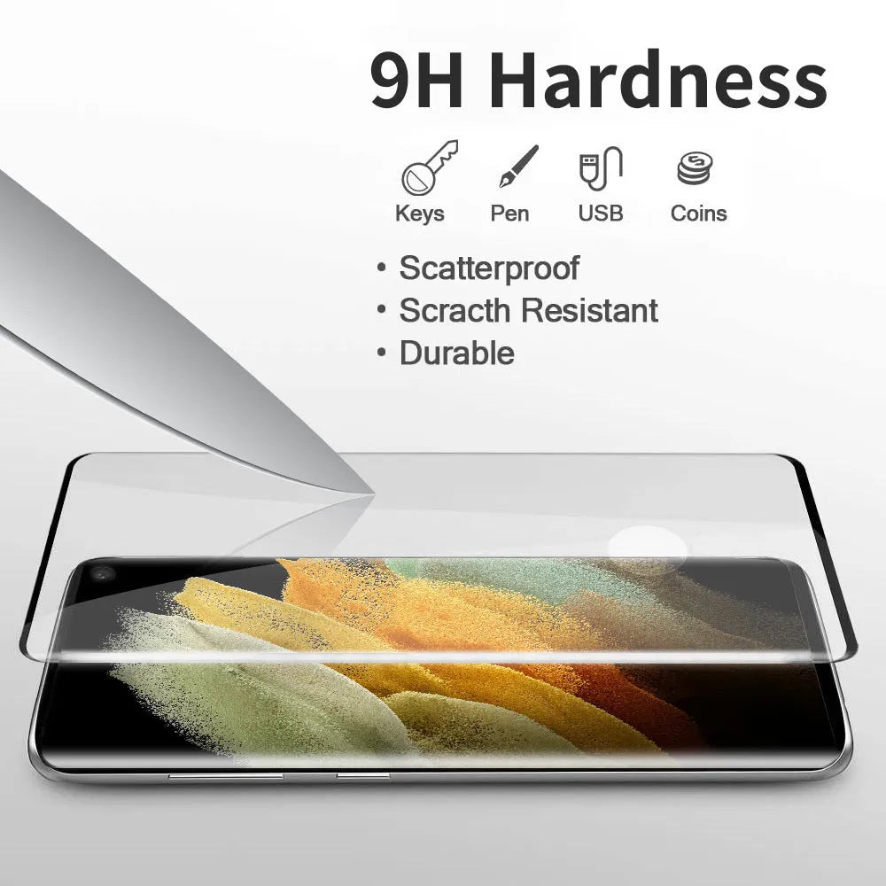 Samsung Galaxy S21 Ultra tempered glass screen protector with curved edges on phone display