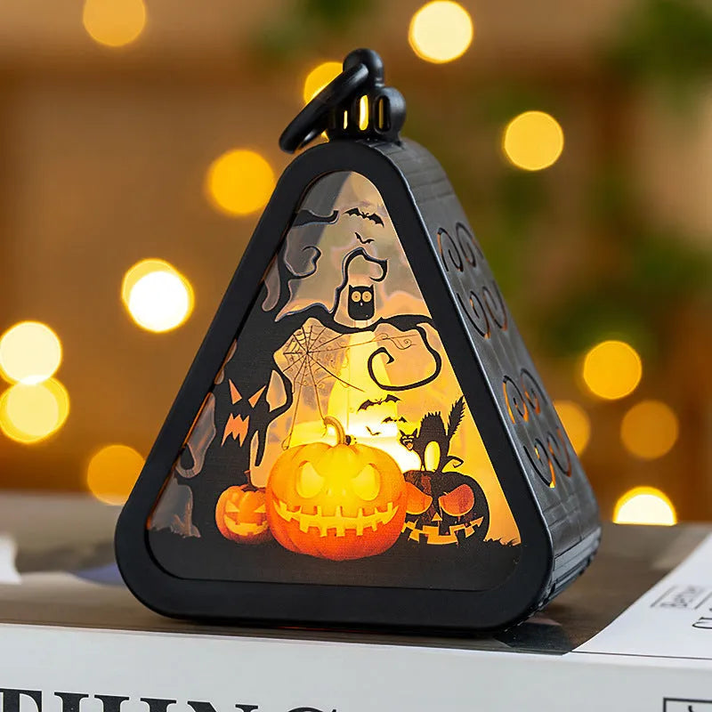Halloween portable pumpkin lamp decoration in plastic and glass, 11.5cm high.
