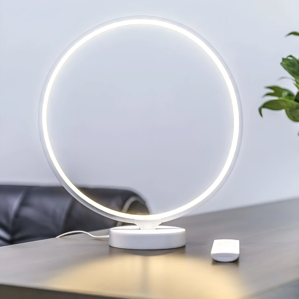 White Full Moon Lamp table light with silicone shade on aluminum base, featuring colour changing RGBW LEDs and remote control