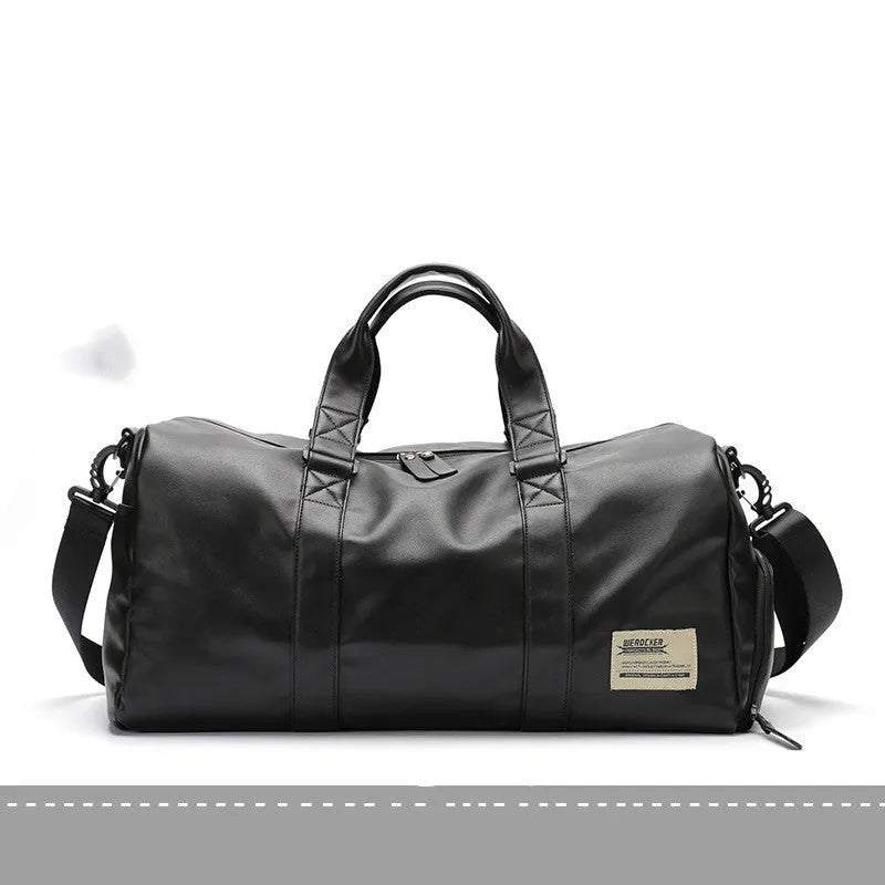 Black waterproof PU leather sports training bag showing internal organisation pockets and shoulder strap
