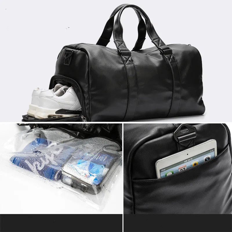 Black waterproof PU leather sports training bag showing internal organisation pockets and shoulder strap