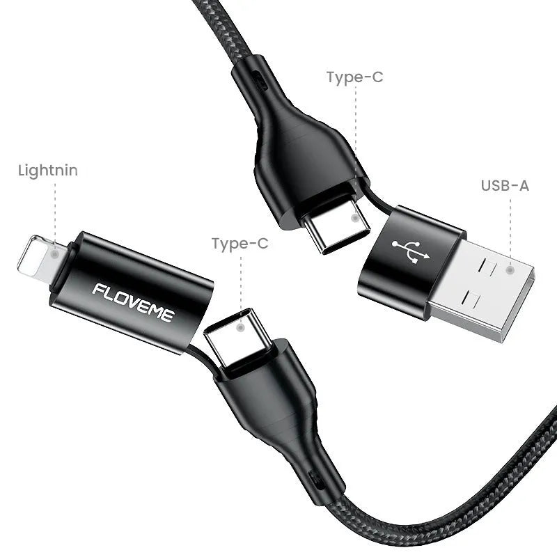 Black braided 4-in-1 data cable with USB, USB-C and Lightning connectors
