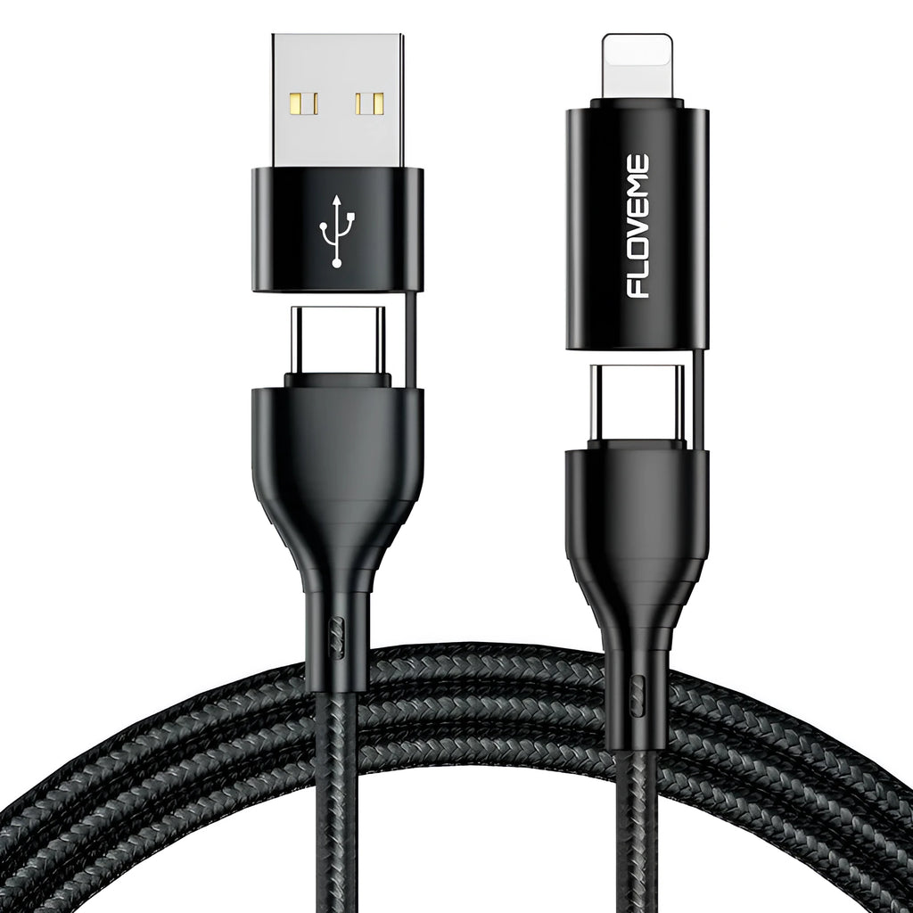 Black braided 4-in-1 data cable with USB, USB-C and Lightning connectors