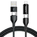 Black braided 4-in-1 data cable with USB, USB-C and Lightning connectors