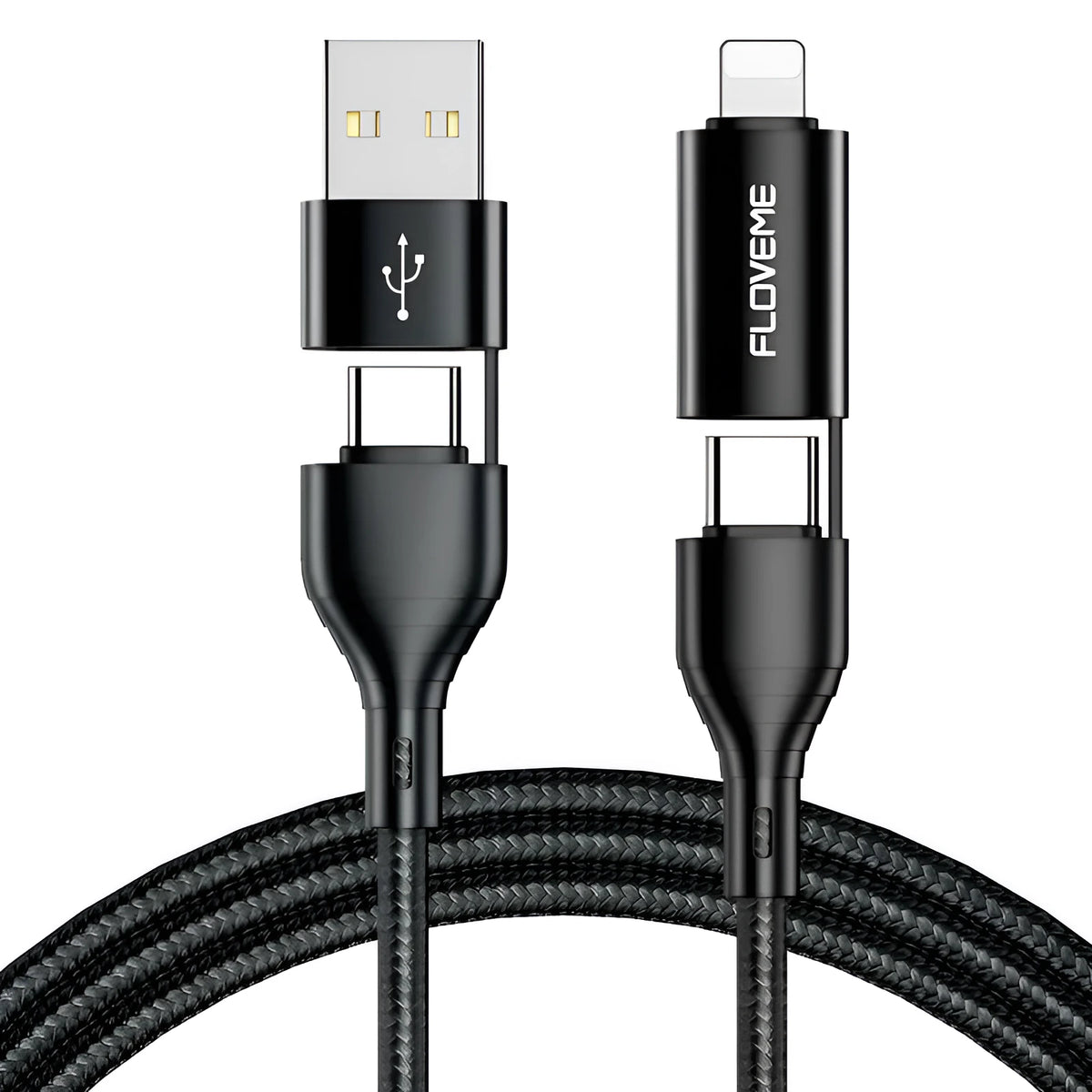 Black braided 4-in-1 data cable with USB, USB-C and Lightning connectors