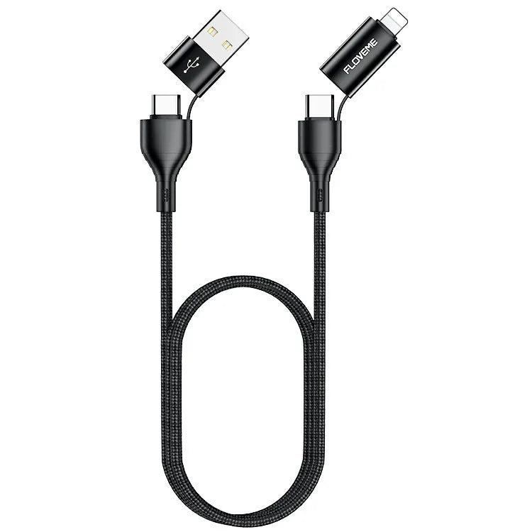 Black braided 4-in-1 data cable with USB, USB-C and Lightning connectors