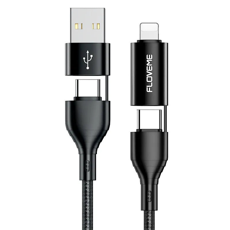 Black braided 4-in-1 data cable with USB, USB-C and Lightning connectors
