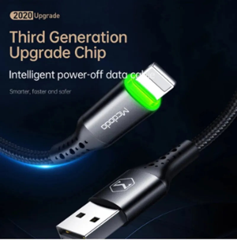 Black Apple-compatible iPhone charger cable with LED indicators in 1.2m or 1.8m lengths
